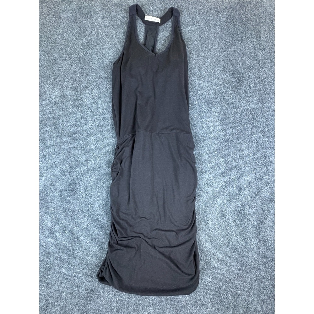 Athleta Tank Dress Womens Small Black Rayon Stretch Ruched Racerback V Neck
